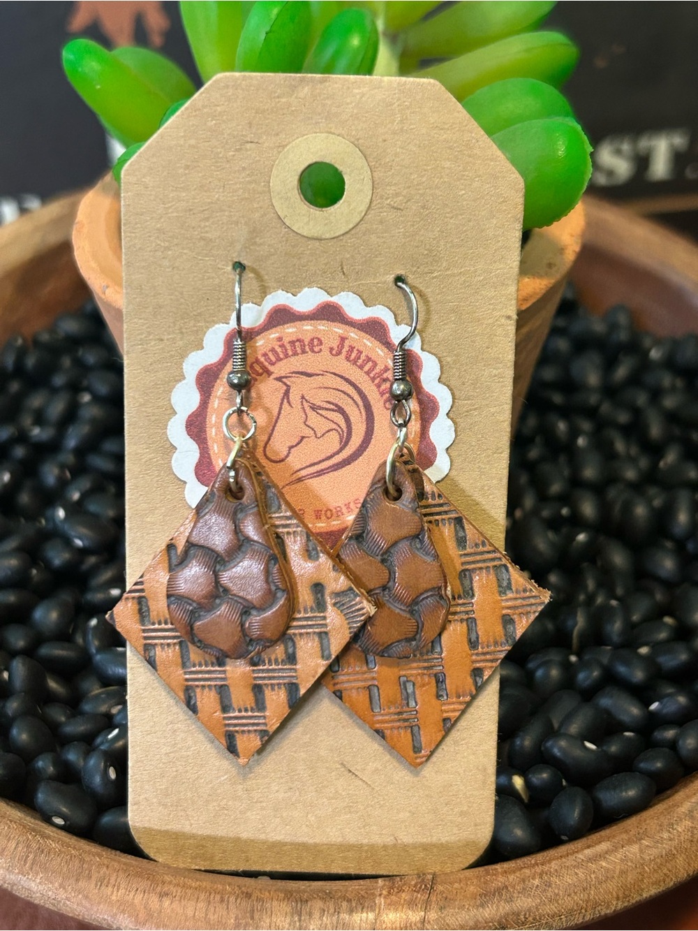 Handmade Equine Junkie Leather Diamond Drop Earrings - Brown